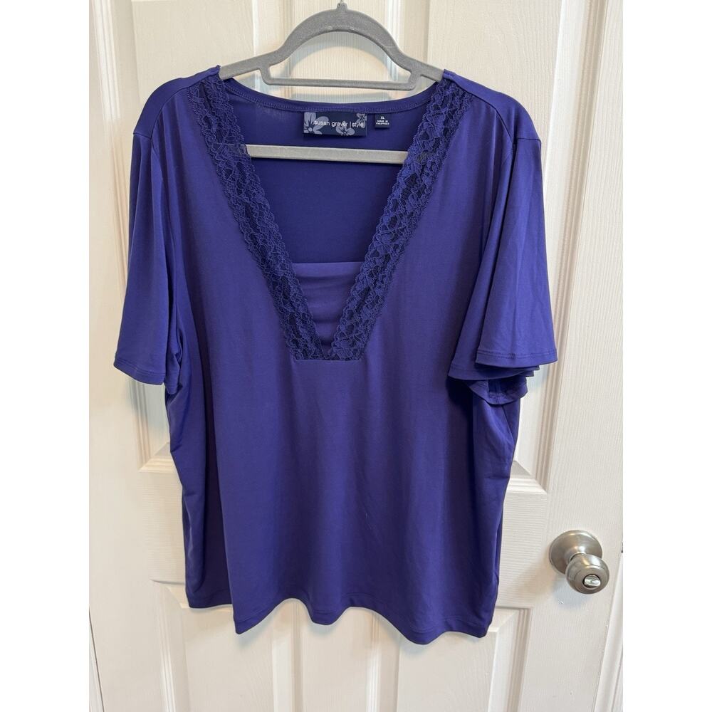 Susan Graver Style XL Purple Top Pullover Lace Trimmed V-neck Flared Sleeve